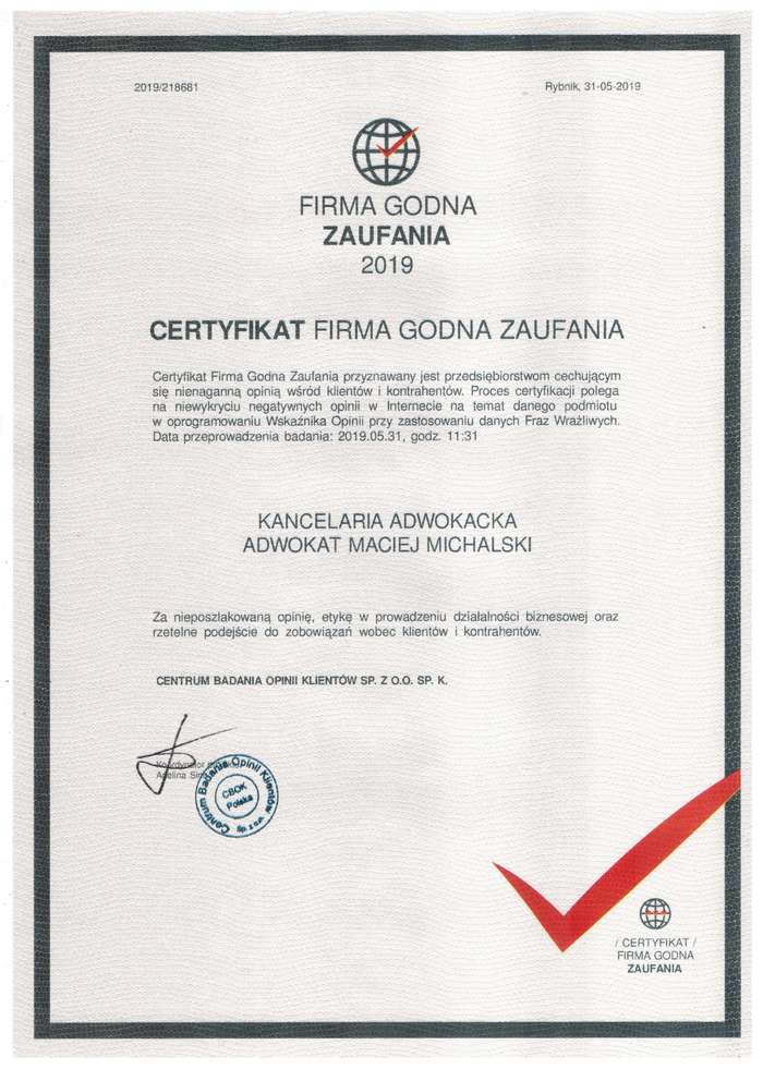 certyfikat 2019